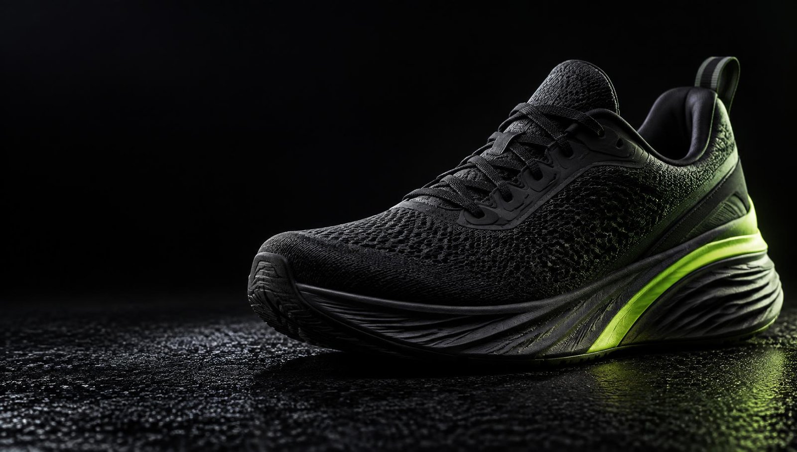 Black performance running shoe with a neon lime sole detail